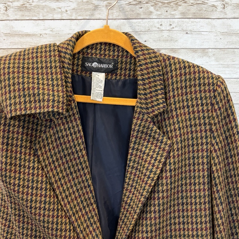 Vtg 90s Sag Harbor Womens 10 Blazer Houndstooth Tan Brown Wool Blend 1-Button